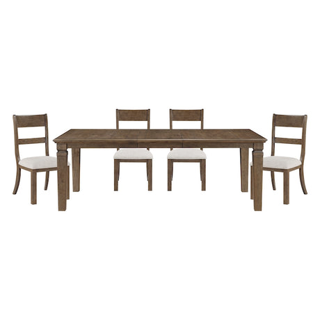 Dining table set with four chairs on a white background