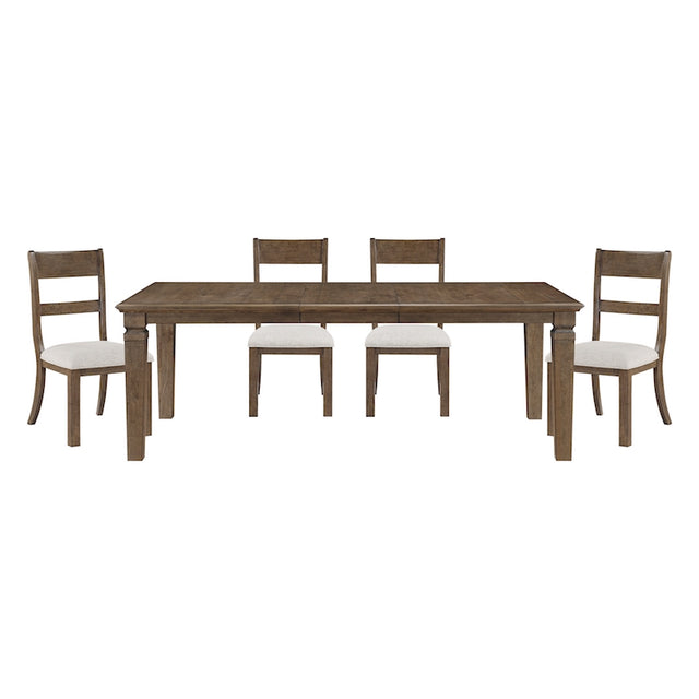 Dining table set with four chairs on a white background