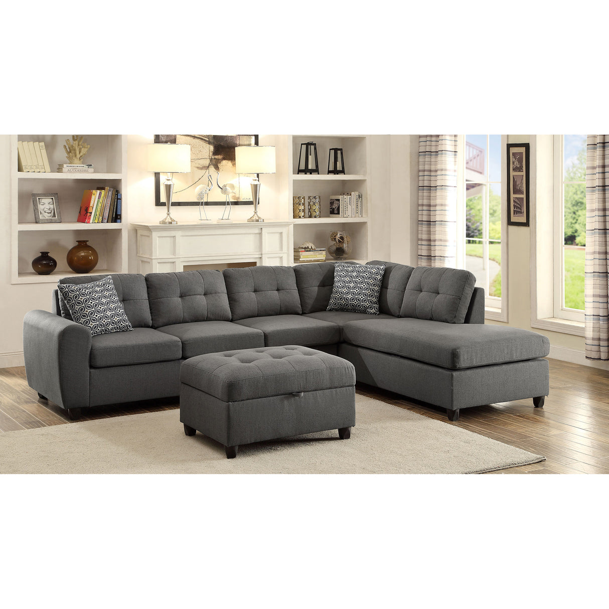 Balta Grey Button Tufted Sectional with Removable Cushion