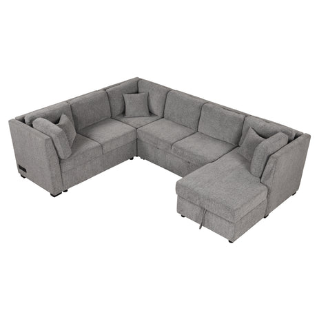 U-shaped Sectional Sofa Pull out Sofa Bed with USB Ports, Power Sockets, Storage Chaise, Light Gray Chenille, 108.6' - sold by Home Elegance USA