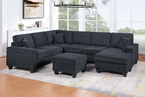 Slate Black Finish Contemporary Style 5pc Sectional Set Left Arm Loveseat With USB Port Corner Wedges Ottoman Armless Chairs Right Arm Loveseat With Chaise Primary Living Room