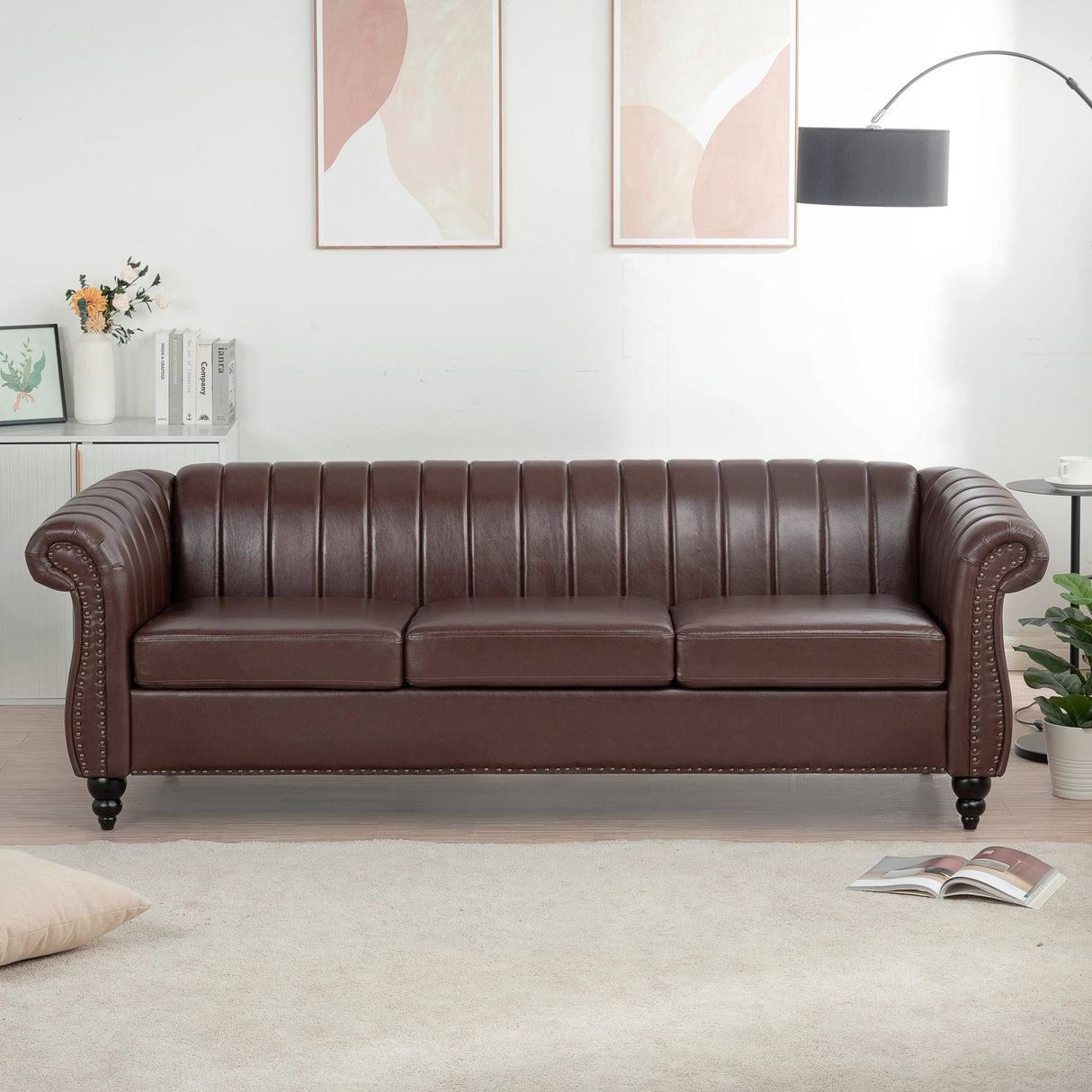 83.46'' Brown PU Rolled Arm Chesterfield Three Seater Sofa. | Home Elegance USA