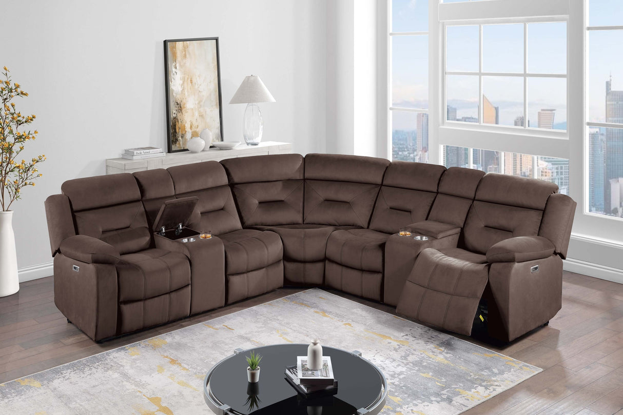 Contemporary Style Power Reclining Sectional Set Two Console Cup Holder Power Motion Chocolate Finish Primary Living Room