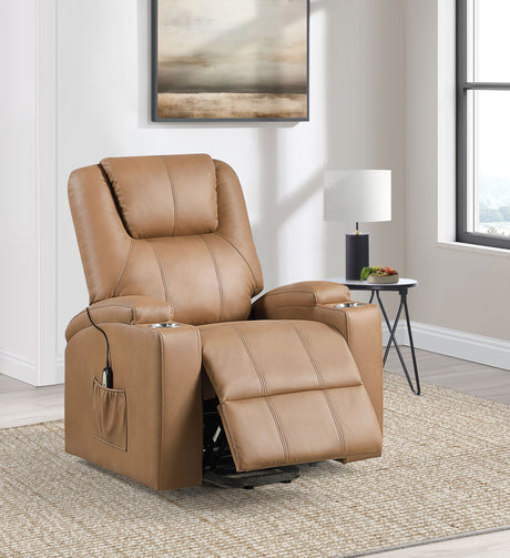 Armstrong Upholstered Power Lift Massage Recliner Camel - Coaster Furniture - sold by Home Elegance USA