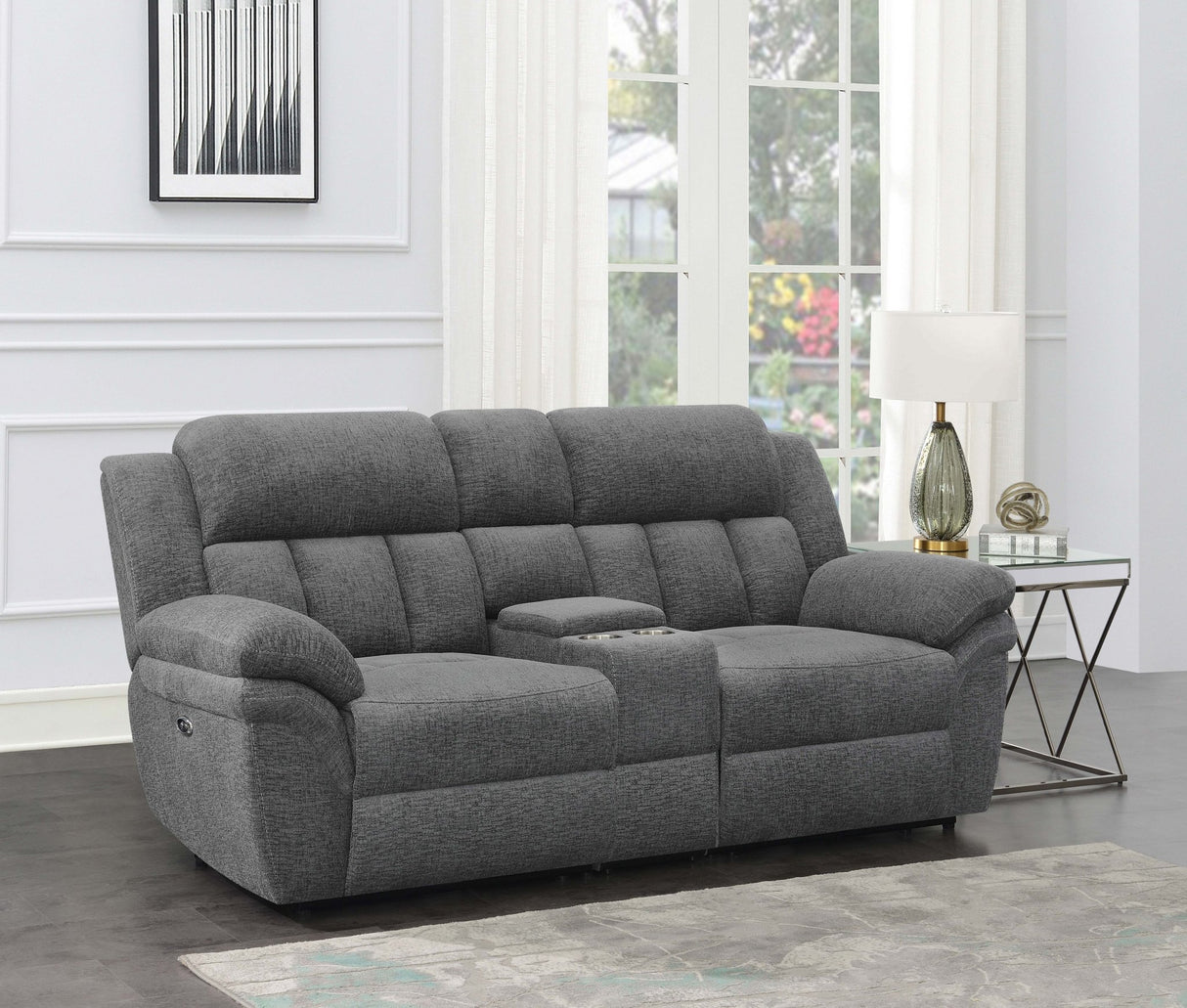 Bahrain Upholstered Power Loveseat with Console Charcoal | Coaster | Home Elegance USA