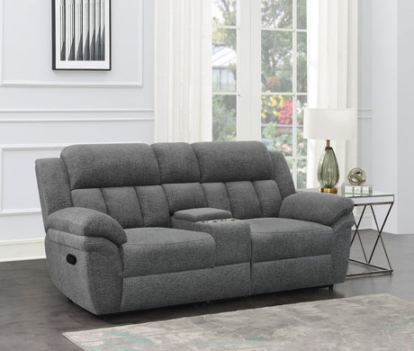 Bahrain Upholstered Motion Loveseat with Console Charcoal | Coaster | Home Elegance USA