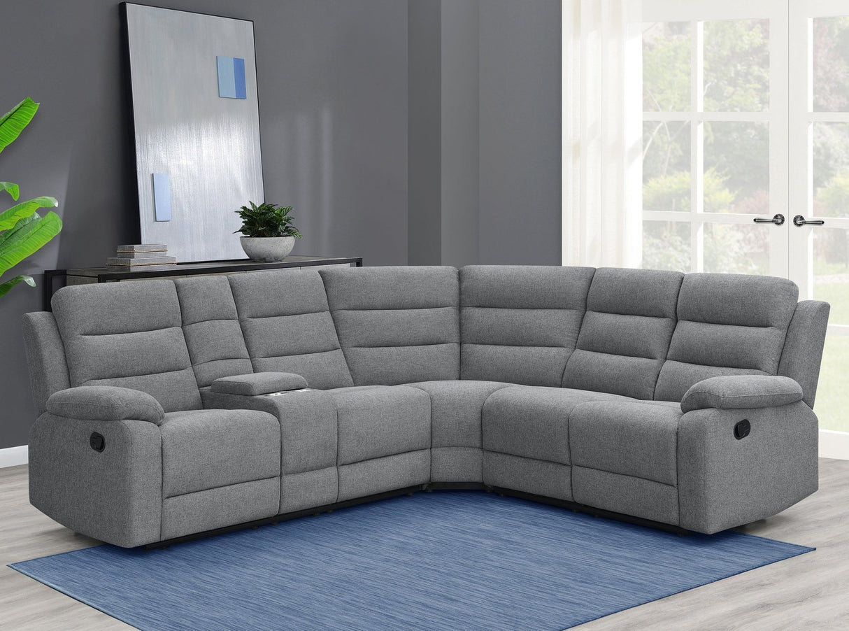 David 3 - piece Upholstered Motion Sectional with Pillow Arms Smoke | Coaster | Home Elegance USA