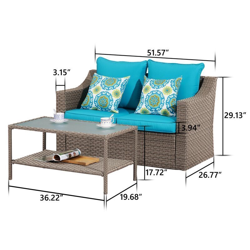 7-Pieces Wicker Patio Conversation Set with Blue Cushions