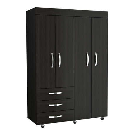 Hamilton Mobile Armoire, 4-Doors Cabinet, Three Drawers, Rods, Four Shelves, Black Wengue - Bedroom - sold by Home Elegance USA