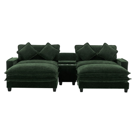Chenille Upholstered 111' Sectional Sofa with Two Removable Ottomans, USB Ports, Cup Holders, and Storage, Green - sold by Home Elegance USA