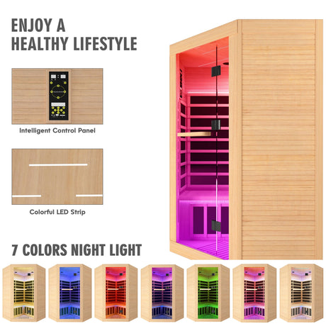 Canadian Hemlock Pentagonal Double Infrared Sauna – Two-Person Corner Design - sold by Home Elegance USA