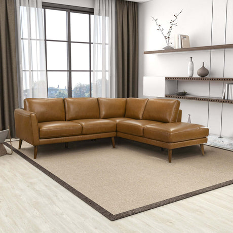 Mid-In Mod Benson Tan Leather Sectional Sofa with Right Facing Chaise - Mid-Century Modern Design - sold by Home Elegance USA