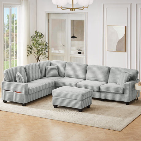 Modern U-shaped Sectional Sofa with Movable Ottoman and Side Storage Pockets, Grey Corduroy, 125.2' - sold by Home Elegance USA