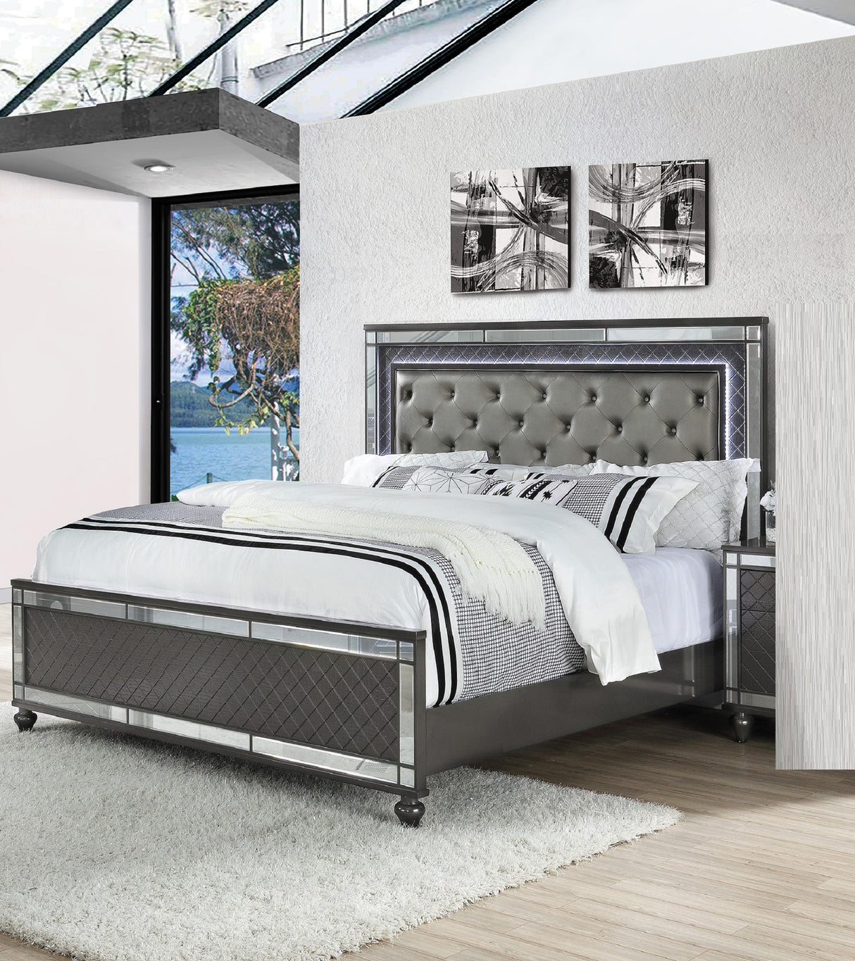 Modern Glam Style Upholstered Headboard Button Tufting Glass Inlay 1pc King Size Panel  LED Lights Bed Gray Faux Leather Finish Solid Wood Wooden Bedroom Furniture