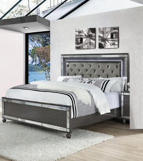 Modern Glam Style Upholstered Headboard Button Tufting Glass Inlay 1pc King Size Panel  LED Lights Bed Gray Faux Leather Finish Solid Wood Wooden Bedroom Furniture