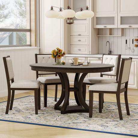 TREXM 5-Piece Retro Functional Dining Table Set Extendable Round Table and 4 Upholstered Chairs for Dining Room and Living Room (Espresso) - sold by Home Elegance USA