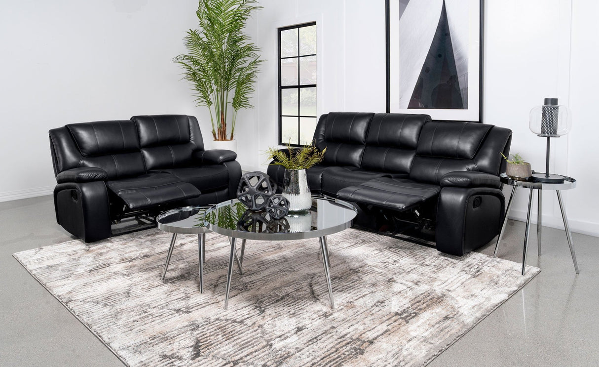 Camila 2 - piece Upholstered Motion Reclining Sofa Set Black | Coaster | Home Elegance USA