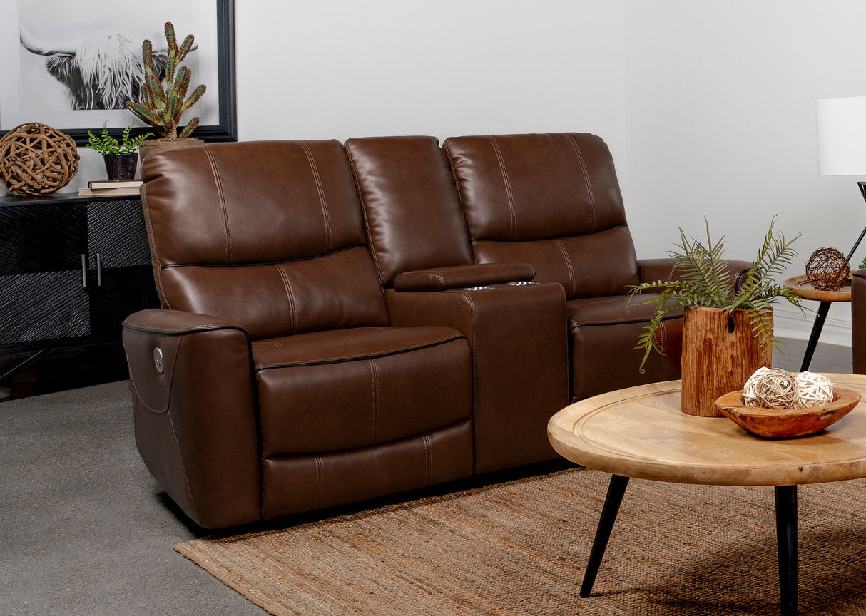 Power Loveseat - Greenfield Upholstered Power Reclining Loveseat with Console Saddle Brown