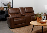 Power Loveseat - Greenfield Upholstered Power Reclining Loveseat with Console Saddle Brown