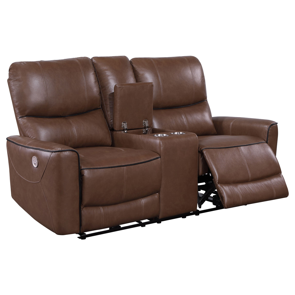 Power Loveseat - Greenfield Upholstered Power Reclining Loveseat with Console Saddle Brown