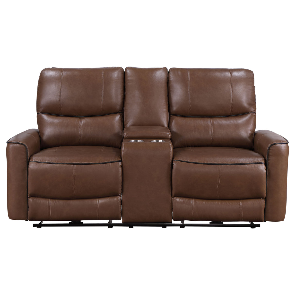 Power Loveseat - Greenfield Upholstered Power Reclining Loveseat with Console Saddle Brown