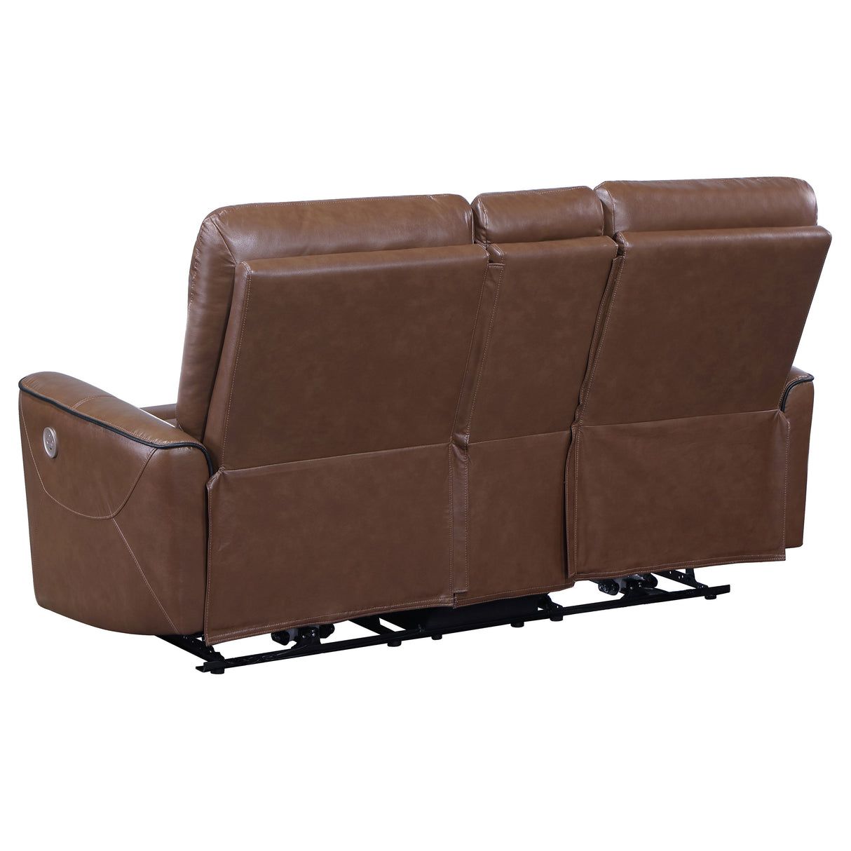 Power Loveseat - Greenfield Upholstered Power Reclining Loveseat with Console Saddle Brown