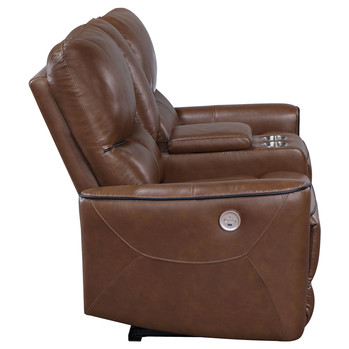 Power Loveseat - Greenfield Upholstered Power Reclining Loveseat with Console Saddle Brown