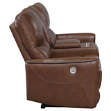 Power Loveseat - Greenfield Upholstered Power Reclining Loveseat with Console Saddle Brown