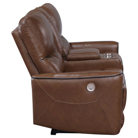 Power Loveseat - Greenfield Upholstered Power Reclining Loveseat with Console Saddle Brown
