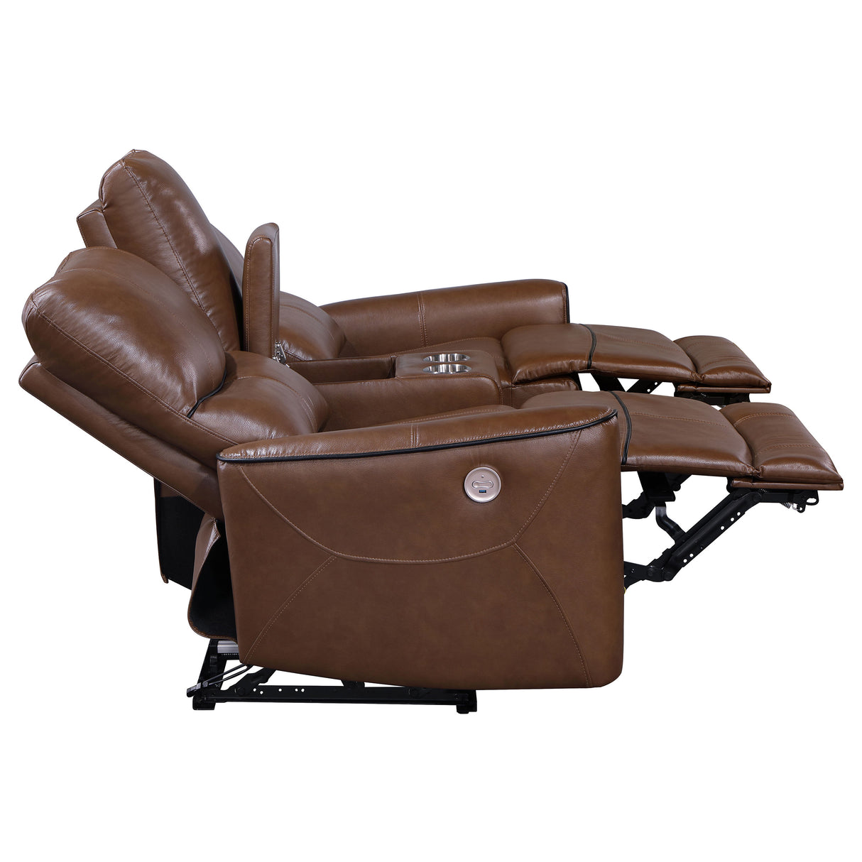 Power Loveseat - Greenfield Upholstered Power Reclining Loveseat with Console Saddle Brown