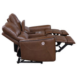 Power Loveseat - Greenfield Upholstered Power Reclining Loveseat with Console Saddle Brown
