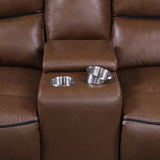 Power Loveseat - Greenfield Upholstered Power Reclining Loveseat with Console Saddle Brown