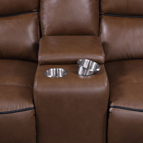 Power Loveseat - Greenfield Upholstered Power Reclining Loveseat with Console Saddle Brown