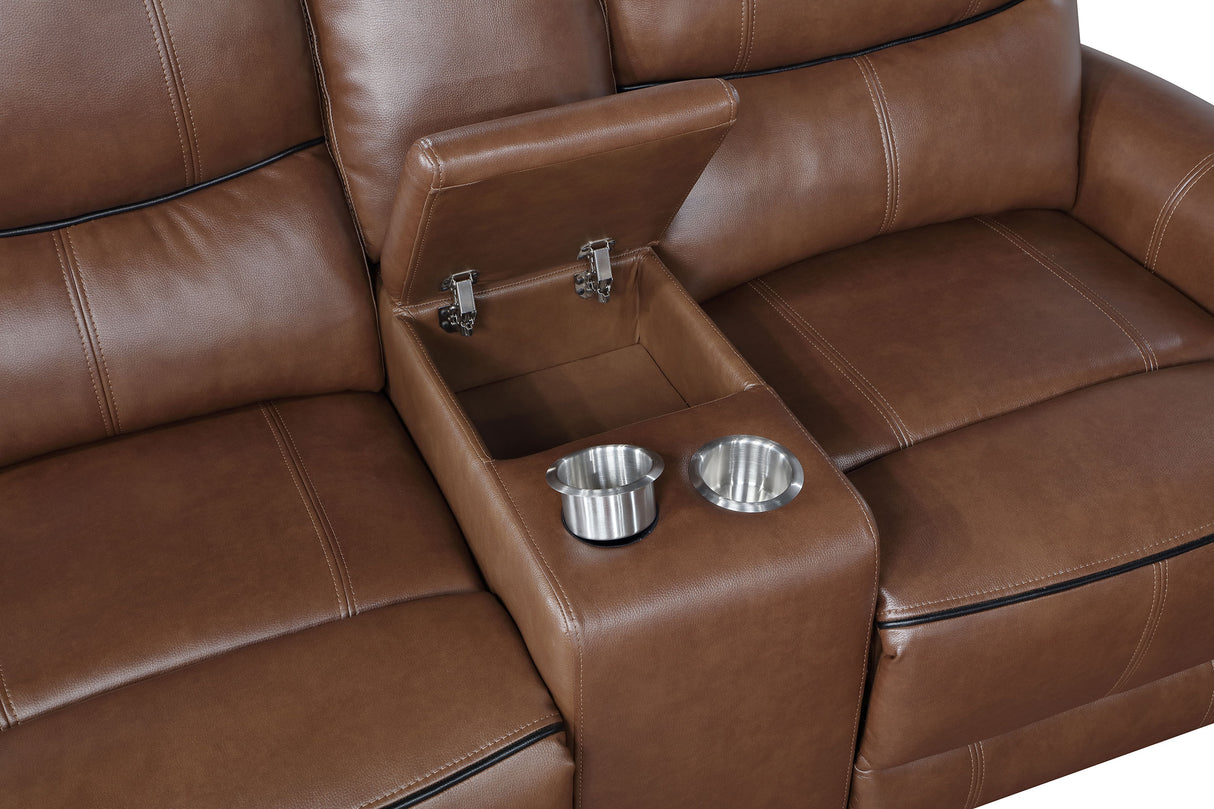 Power Loveseat - Greenfield Upholstered Power Reclining Loveseat with Console Saddle Brown