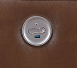 Power Loveseat - Greenfield Upholstered Power Reclining Loveseat with Console Saddle Brown