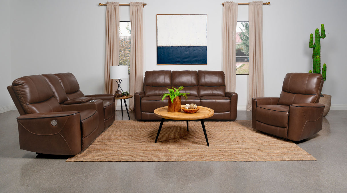 Power Loveseat - Greenfield Upholstered Power Reclining Loveseat with Console Saddle Brown
