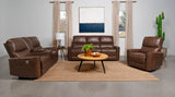 Power Loveseat - Greenfield Upholstered Power Reclining Loveseat with Console Saddle Brown