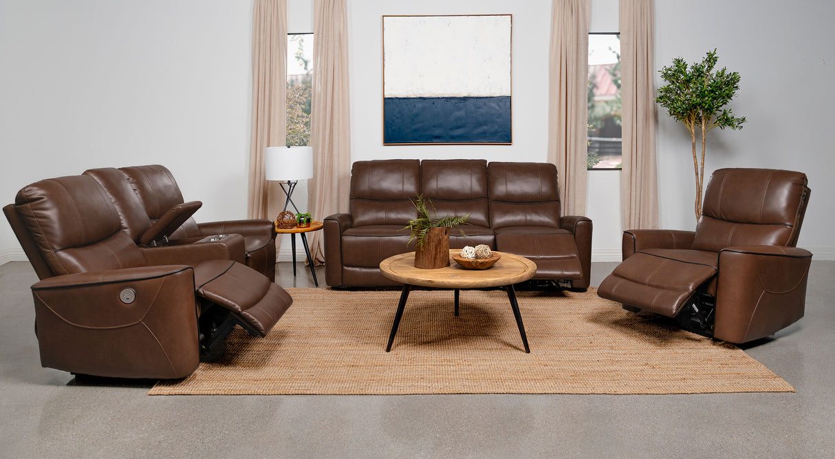 Power Loveseat - Greenfield Upholstered Power Reclining Loveseat with Console Saddle Brown