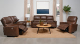 Power Loveseat - Greenfield Upholstered Power Reclining Loveseat with Console Saddle Brown