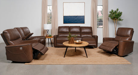 Power Loveseat - Greenfield Upholstered Power Reclining Loveseat with Console Saddle Brown