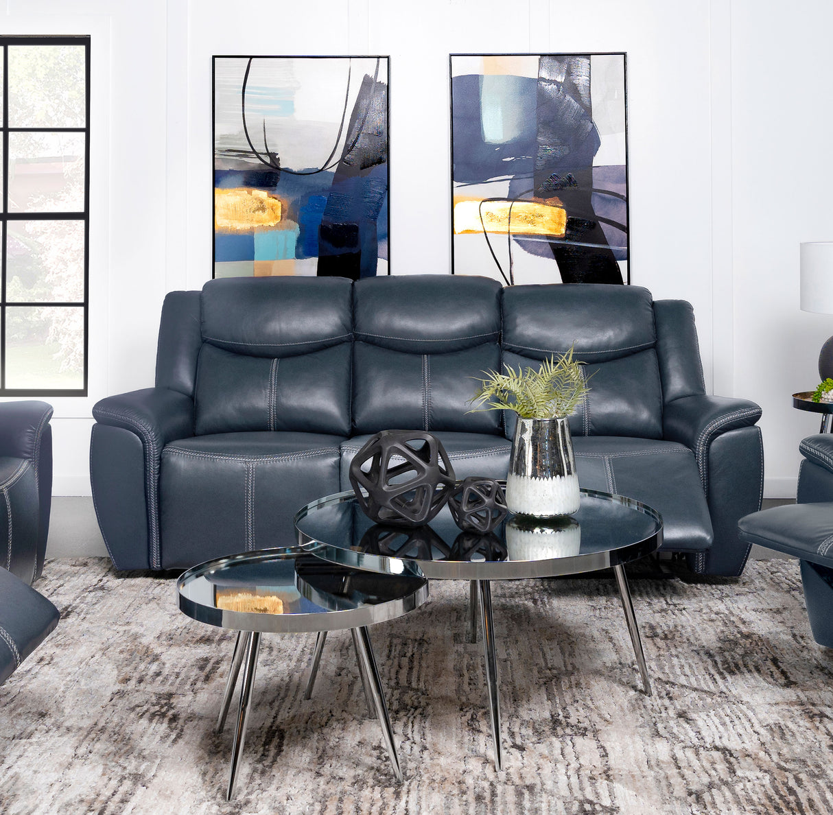 Motion Sofa - Sloane Upholstered Motion Reclining Sofa with Drop Down Table Blue