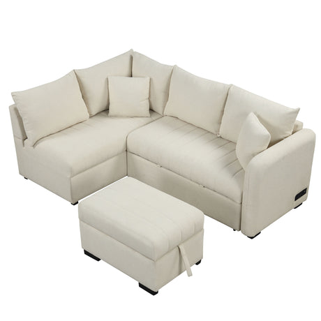 Modern L-shaped Sectional Pull Out Sofa Bed with USB Ports and Storage Ottoman, Beige, Jacquard Fabric, 82.6' - sold by Home Elegance USA