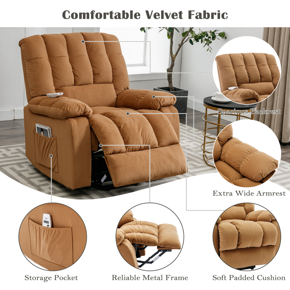 Massage Recliner Chair Electric Power Lift Recliner Chairs with Heat, Vibration, Side Pocket for Living Room, Bedroom, Light Brown Home Elegance USA