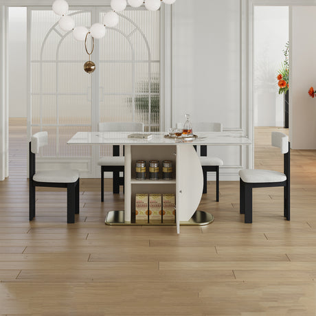 63' Modern 4-6 Person Dining Table with Storage Cabinets, Charred Stone Top & Golden Solid Wood Base, Includes 4 White Velvet Chairs for Kitchen and Apartment - sold by Home Elegance USA