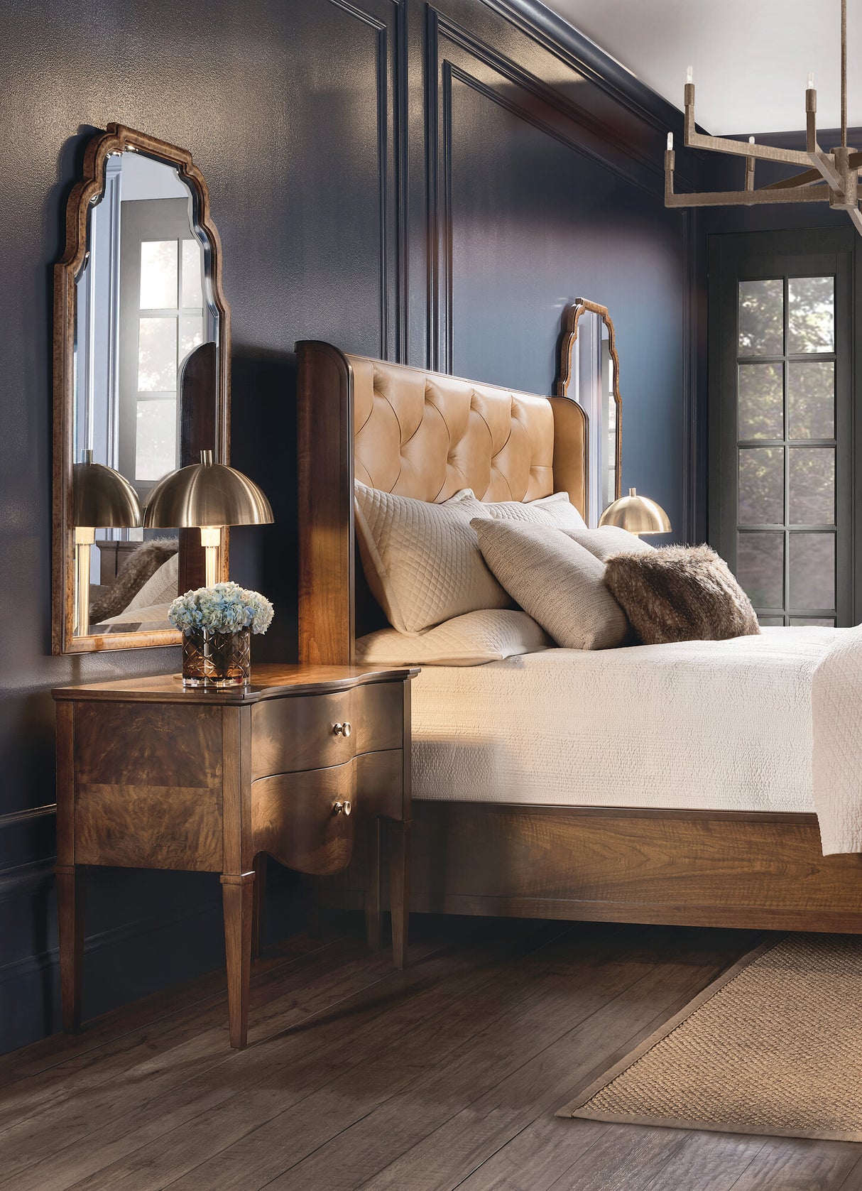 Archives Upholstered Bed by Hooker Furniture in Oak Veneers & Tufted Leather (Queen, King, California King)