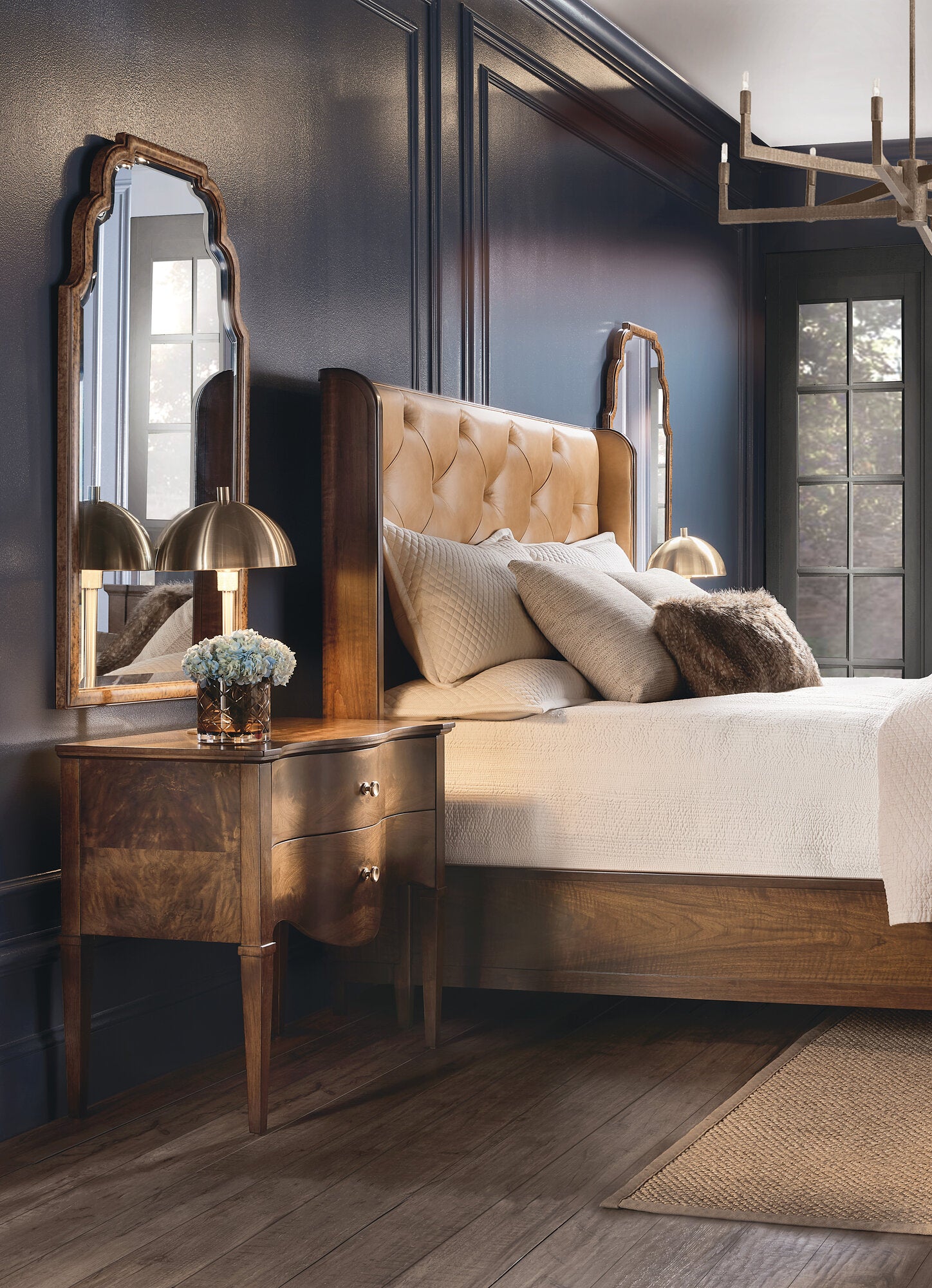 Archives Upholstered Bed by Hooker Furniture in Oak Veneers & Tufted Leather (Queen, King, California King)