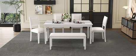 TREXM Vintage Extendable Dining Table Set for 6 with 4 Chairs & Bench, 59 to 72-Inch Rustic Farmhouse Kitchen Table Set with Distressed Finish and Retro Carved Legs (Washed White) - sold by Home Elegance USA