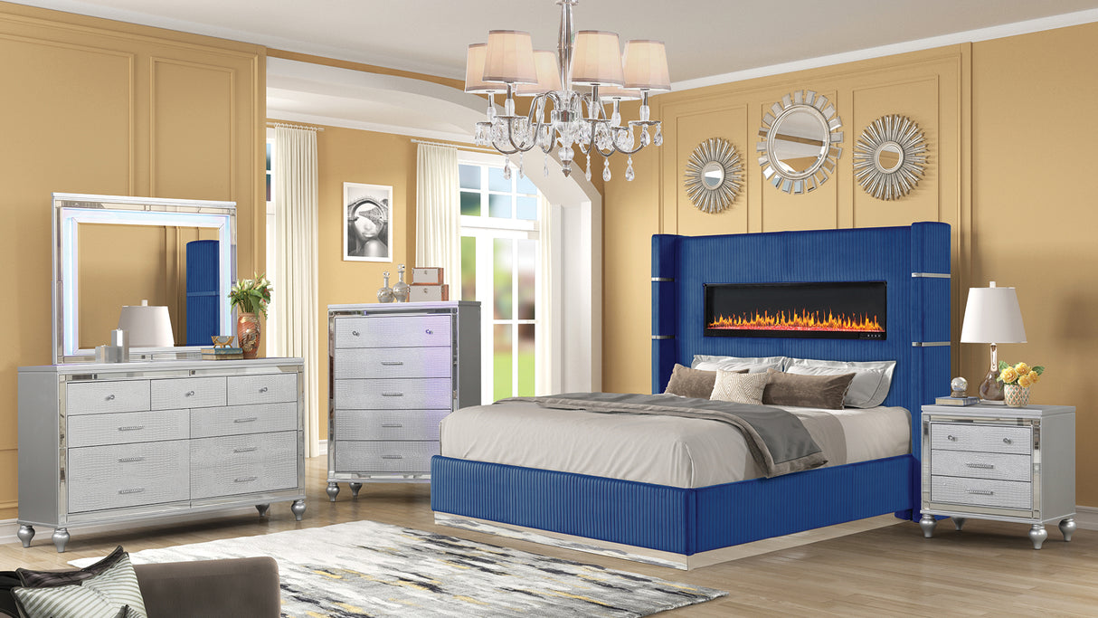 Modern Style Upholstery Queen 5 Piece(Includes: Queen Size Bed, Nightstand , Chest, Dresser, and Mirror) Fireplace Bedroom Set made with wood in Blue