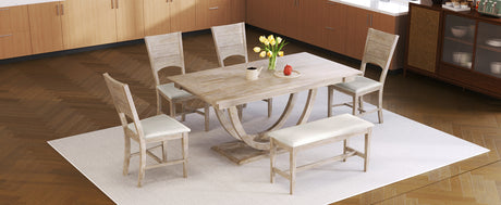TOPMAX Modern Style Natural Wood 6-Piece Dining Table Set with Bench and Chairs, Upholstered Seats, Rubberwood Frame - sold by Home Elegance USA