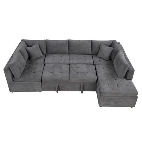 Oversized Sectional Sofa U-shaped Couch Pull-out Sofa Bed with Two Throw Pillows Gray Chenille 117.3' - sold by Home Elegance USA